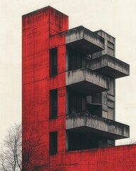 Poster - A striking, modern building featuring a unique red facade with a concrete structure and multiple levels, showcasing innovative architectural design.
