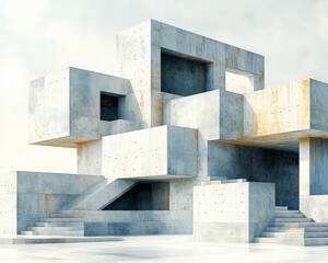 Poster - A modern architectural masterpiece featuring abstract concrete structures with geometric shapes and staircases, showcasing innovative design and creativity.