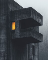 Poster - A striking modern concrete structure enveloped in mist, showcasing bold geometric lines and a singular glowing window that adds warmth and intrigue.