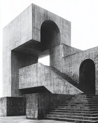 Poster - A striking monochrome photograph of modern architectural design featuring geometric concrete structures and dynamic staircases.
