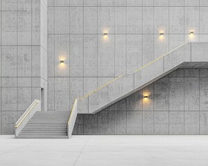 Poster - A modern stairway made of concrete, featuring clean lines and minimalist design. Soft lighting adds a touch of warmth to this industrial space.
