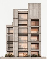 Poster - A modern concrete building featuring large windows with a minimalistic design. Ideal for showcasing contemporary architecture and urban living.