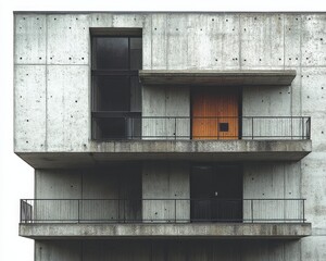 Poster - Modern concrete building featuring a minimalist design, large windows, and a striking wooden door. Its unique architecture is an urban masterpiece.