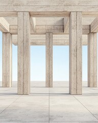Poster - A modern architectural space featuring concrete pillars and a clean, open design, illuminated by natural light, ideal for minimalistic aesthetics.