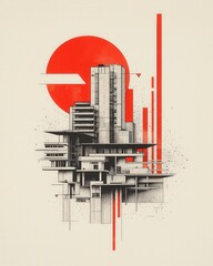 Poster - A modern architectural illustration featuring geometric shapes, bold lines, and a vibrant red circle, representing innovation and design in urban landscapes.