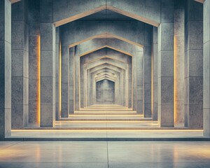 Poster - A stunning corridor showcasing modern architectural design with geometric shapes, concrete walls, and ambient lighting creating a mesmerizing perspective.