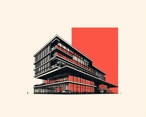 Poster - A modern architectural structure featuring a unique design with large glass windows and bold geometric shapes set against a vibrant background.