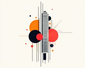 Poster - A modern abstract representation of a skyscraper surrounded by geometric shapes in vibrant colors, creating a bold visual impact for contemporary decor.