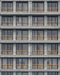 Poster - A close-up view of a modern building facade featuring multiple balconies, showcasing a sleek design and architectural symmetry.