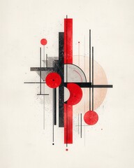 Poster - Abstract geometric composition featuring vibrant circular and linear elements in red, black, and beige tones, creating a striking visual impact.