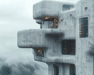 Poster - A modern concrete structure stands tall among the clouds, showcasing unique design and contemporary architecture, reflecting innovation and creativity.