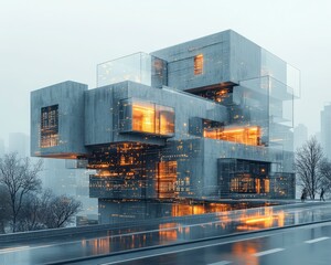 Poster - A modern architectural marvel featuring a blend of concrete and glass, illuminated against a misty urban backdrop, showcasing innovative design elements.