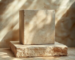 Poster - A minimalist display of stone blocks with soft lighting, showcasing textures and shapes. Ideal for design, architecture, and interior inspiration.