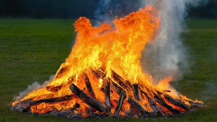 Poster - Large bonfire with intense orange flames burning wood logs in a green meadow, creating a warm and inviting atmosphere during a summer evening