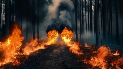 Poster - Intense flames engulfing trees and underbrush in a forest fire, creating a dense cloud of smoke that rises into the sky, demonstrating the destructive power of nature