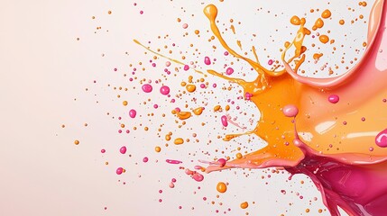 Poster - A vibrant splash of paint in shades of pink, orange, and purple against a soft beige background, showcasing creativity and artistic expression.