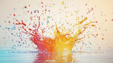 Poster - Vibrant splash of colorful liquid in water, creating an artistic display of motion and energy, ideal for beverage advertising and creative imagery.