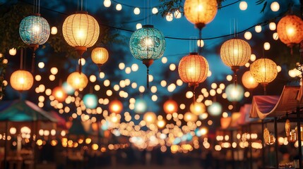 Poster - A vibrant display of colorful lanterns illuminating a festive atmosphere, creating a magical ambiance during evening celebrations in the market.