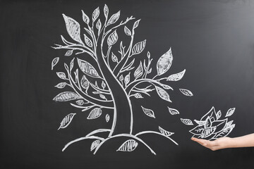 Wall Mural - Woman pretending to catch leaves fallen from tree on chalkboard, closeup