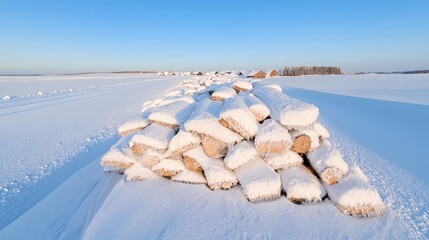 Wall Mural - Snow-covered firewood stack in winter field, rural houses background, winter fuel storage