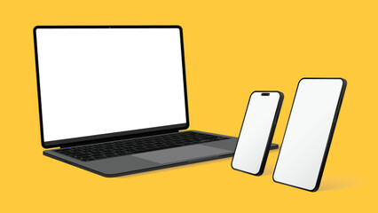 Poster - Smartphone, Tablet and Laptop Computer Mockup | Perspective Side View | Isolated on White Background | Vector Illustration.