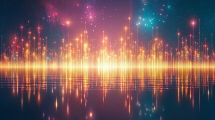Poster - A vibrant digital background featuring sparkling lights and mesmerizing colors reflecting on a calm surface, perfect for a creative design project.