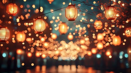 Poster - A vibrant scene adorned with colorful lanterns, casting a warm glow in the night. These beautiful decorations create a festive atmosphere, enhancing joy and celebration.