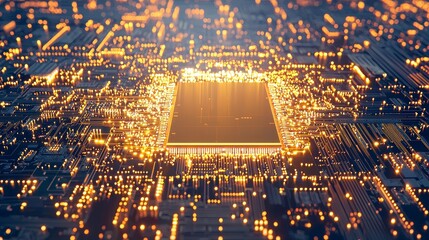 Poster - Aerial view of a glowing microprocessor surrounded by vivid circuits, showcasing advanced technology and innovation in modern electronics.