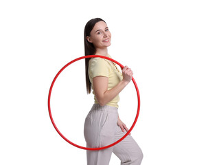 Wall Mural - Smiling woman with hula hoop on white background