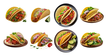 Wall Mural - Variety of Delicious Tacos with Fresh Ingredients and Garnishes, isolated on transparent background