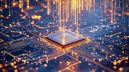 Poster - A futuristic close-up of a microchip, with glowing golden lines representing data flow in a high-tech environment, illustrating innovation and connectivity.