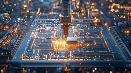 Poster - A close-up view of a cutting-edge computer chip being processed by a high-tech laser machine, showcasing intricate details and glowing lights.
