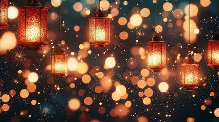Poster - A vibrant display of hanging lanterns illuminating the night, surrounded by shimmering bokeh lights, creating a magical and festive atmosphere.