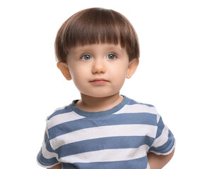 Wall Mural - Portrait of adorable little boy on white background