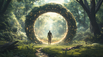 exploring nature gate teleport portal in forest walking into a parallel universe for interstellar tr