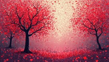 Wall Mural - abstract illustration for Valentine's Day celebration, trees with leaves in the shape of red hearts on colorful mosaic background, bright and cheerful