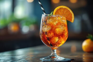 Wall Mural - Refreshing Aperol Spritz Cocktail With Orange Slice Garnish and Ice Cubes