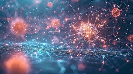 Poster - High-resolution abstract image depicting interconnected particles in a vibrant, cosmic environment with glowing effects.