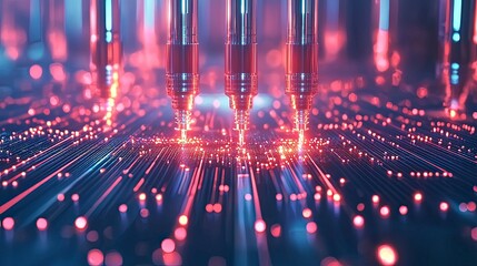 Poster - Futuristic technology featuring laser-like beams illuminating a digital circuit board, creating a vibrant, high-tech atmosphere.