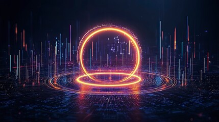 Poster - A glowing orb surrounded by vibrant light trails on a dark background, creating a futuristic and digital atmosphere.