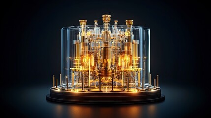 Poster - A luminous, intricate glass structure with golden elements, set against a dark background, evoking a futuristic or technological theme.