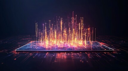 Poster - Futuristic digital landscape with vibrant glowing data spikes representing technology and innovation.