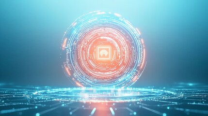 Poster - Futuristic digital sphere with glowing elements, representing technology, data, and innovation in a vibrant blue and red color scheme.