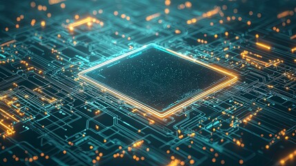 Poster - High-tech circuit board with glowing electronic components and a central processor, showcasing a futuristic digital landscape.