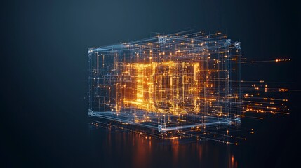 Poster - Dynamic 3D representation of a glowing, wireframe structure set against a dark background, suggesting technology and innovation.