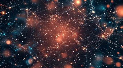 Poster - Abstract cosmic network with glowing nodes and interconnected lines, representing data or neural patterns in a dark background.