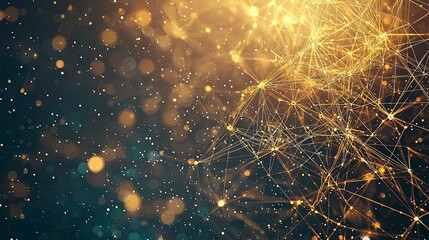 Poster - Abstract golden light particles and connections shimmer against a dark background, creating a magical and digital atmosphere.