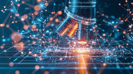 Poster - A futuristic depiction of a microscope and digital data, symbolizing advanced scientific research and technology.