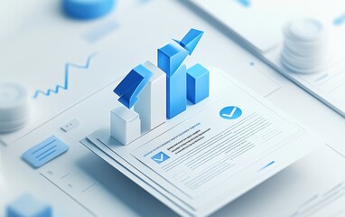 Poster - Illustration of financial data with 3D bar graph and document on white background