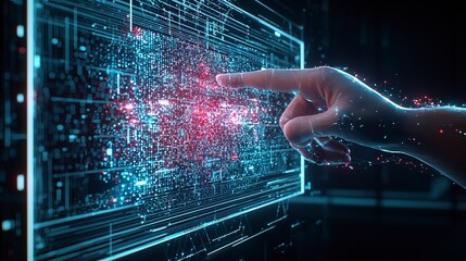 Poster - A hand interacts with a glowing digital interface, surrounded by vibrant particles, symbolizing technology and innovation.